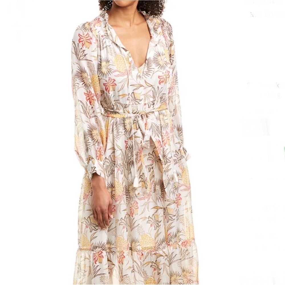 New Banjanan Catalina 100% Silk Pineapple Print Ruffled Maxi Dress Size Small